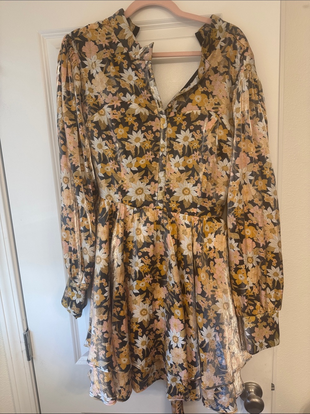 Floral Long-Sleeve Mini Dress in Mustard & Pink